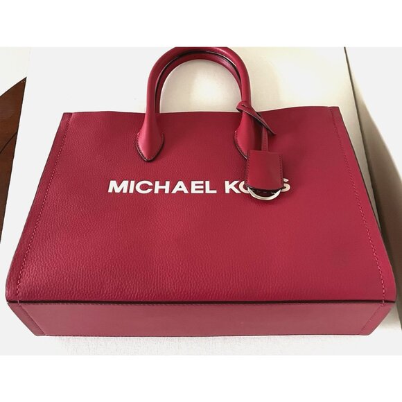 New Michael Kors Mirella Medium Pebbled Leather Tote Bag Dark Raspberry - Picture 4 of 5